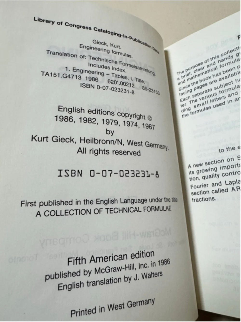 Kurt Gieck McGraw-Hill Engineering Formulas 5th Edition 1986 Hardcover
